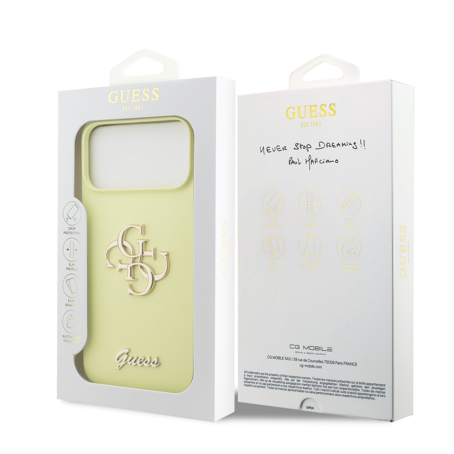 Guess Liquid Silicone 4G Metal Logo Zadní Kryt pro iPhone 17 Pro Max Yellow