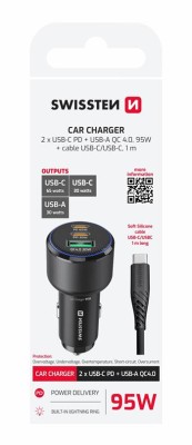 Adaptér SWISSTEN CL 2x USB-C PD + USB-A, 95W + KÁBEL USB-C / USB-C, 1 M, čierna
