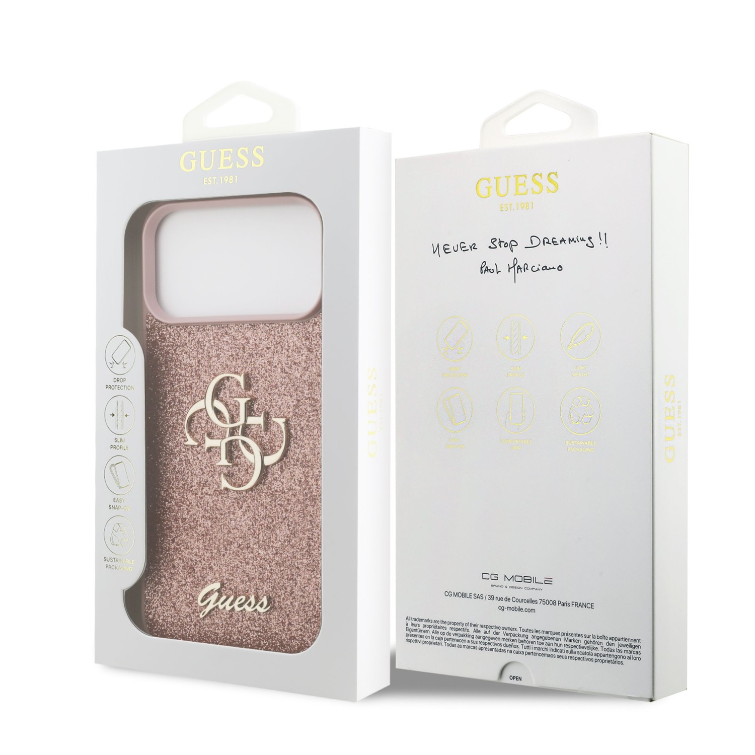Guess PU Fixed Glitter 4G Metal Logo Zadní Kryt pro iPhone 17 Pro Max Pink