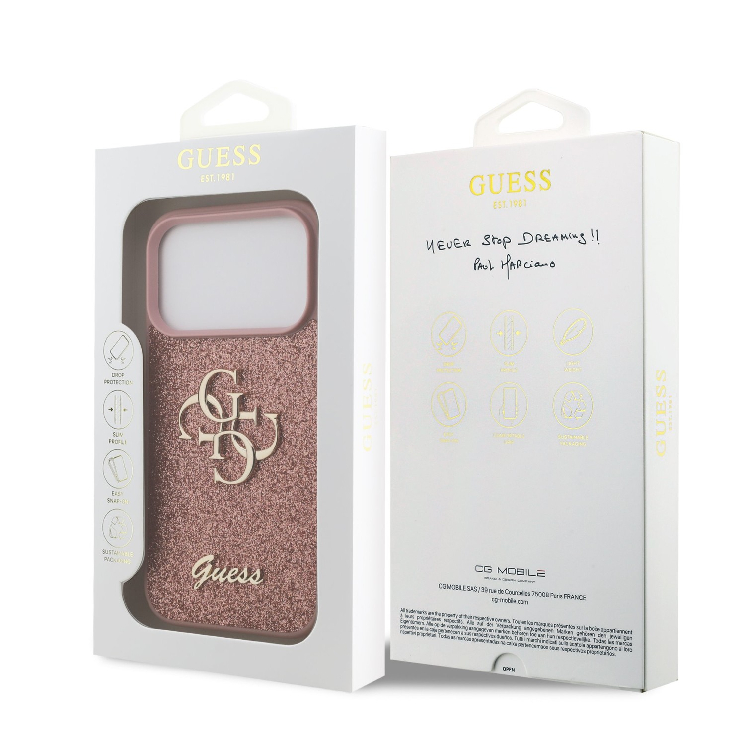 Guess PU Fixed Glitter 4G Metal Logo Zadní Kryt pro iPhone 17 Pro Pink