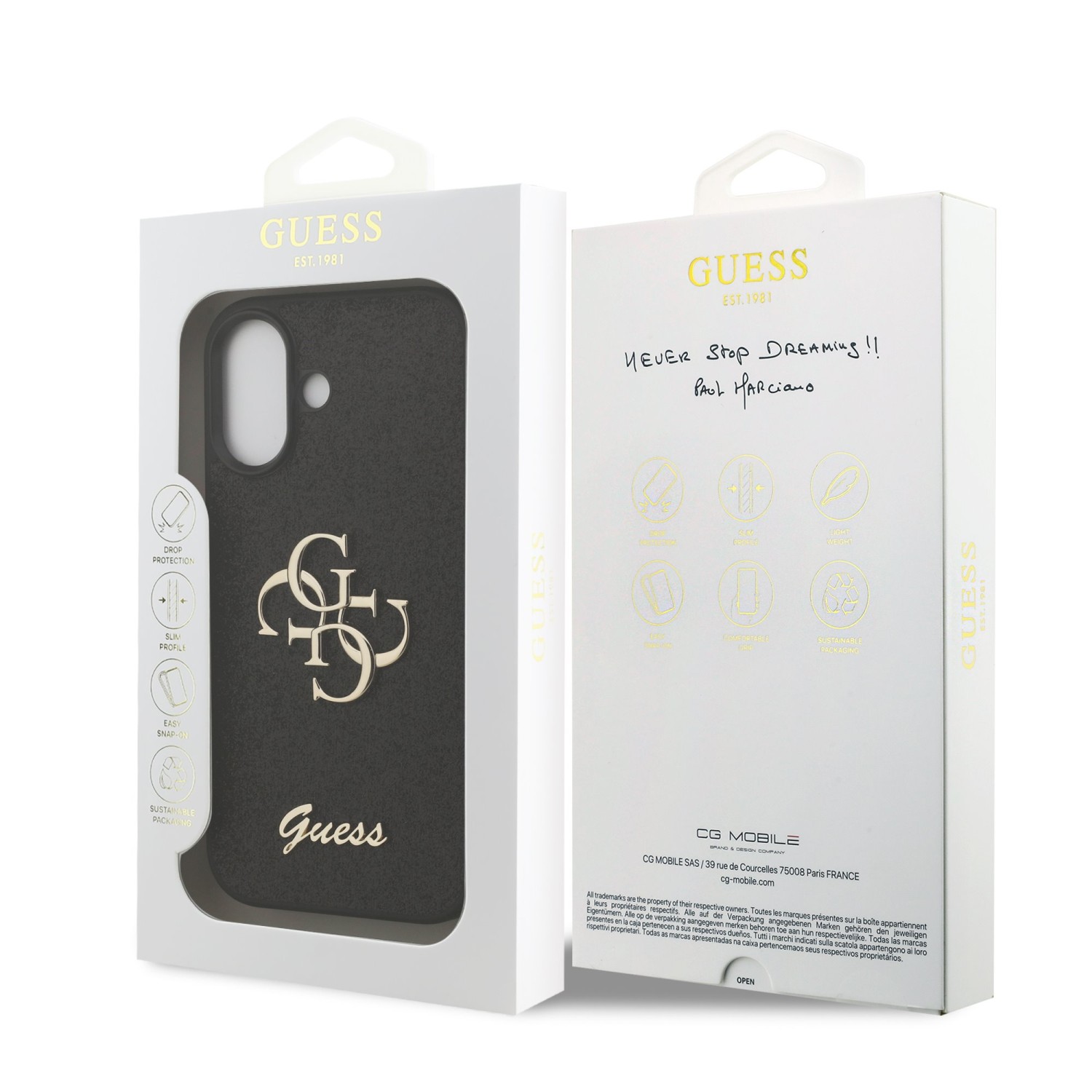 Guess PU Fixed Glitter 4G Metal Logo Zadní Kryt pro iPhone 17 Black