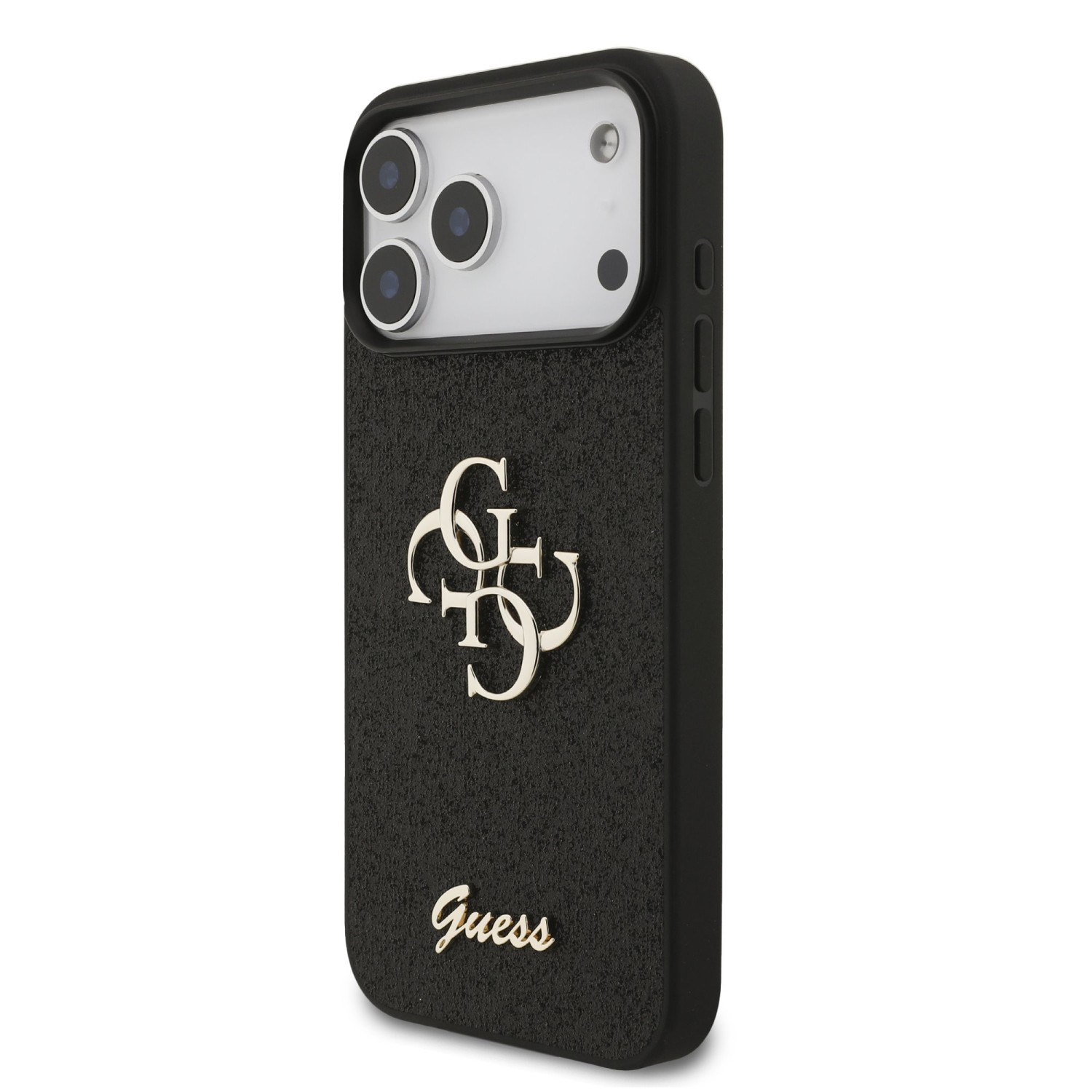 Guess PU Fixed Glitter 4G Metal Logo Zadní Kryt pro iPhone 17 Pro Max Black