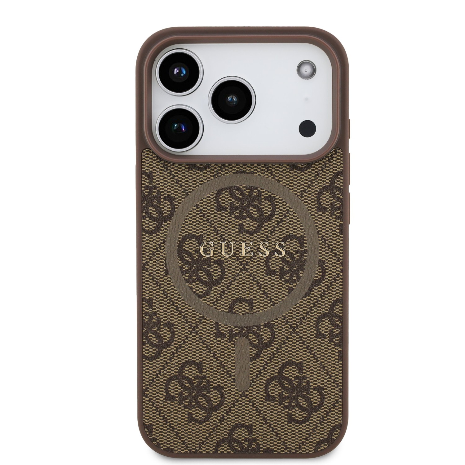 Guess PU Leather 4G Colored Ring MagSafe Zadní Kryt pro iPhone 17 Pro Brown