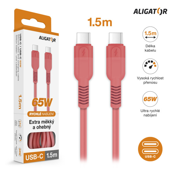 Datový kabel ALIGATOR SoftPastels 3A 65W, USB-C/USB-C, růžový