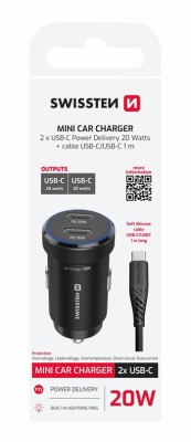 SWISSTEN CL ADAPTÉR 2x USB-C PD, 20W ČERNÝ + KABEL USB-C / USB-C, 1 M