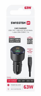 SWISSTEN CL ADAPTÉR USB-C PD + USB-A, 63W ČERNÝ + KABEL USB-C / USB-C, 1 M