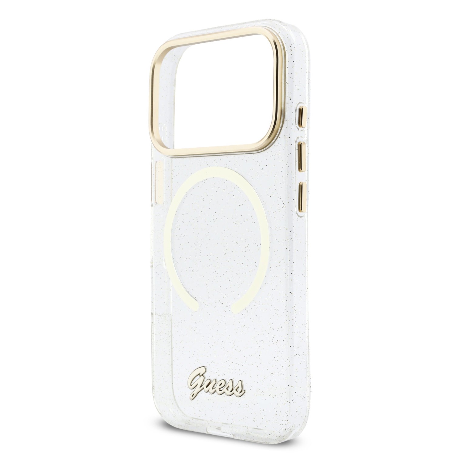 Guess IML Glitter Script Strap MagSafe Zadní Kryt pro iPhone 17 Pro Max Transparent