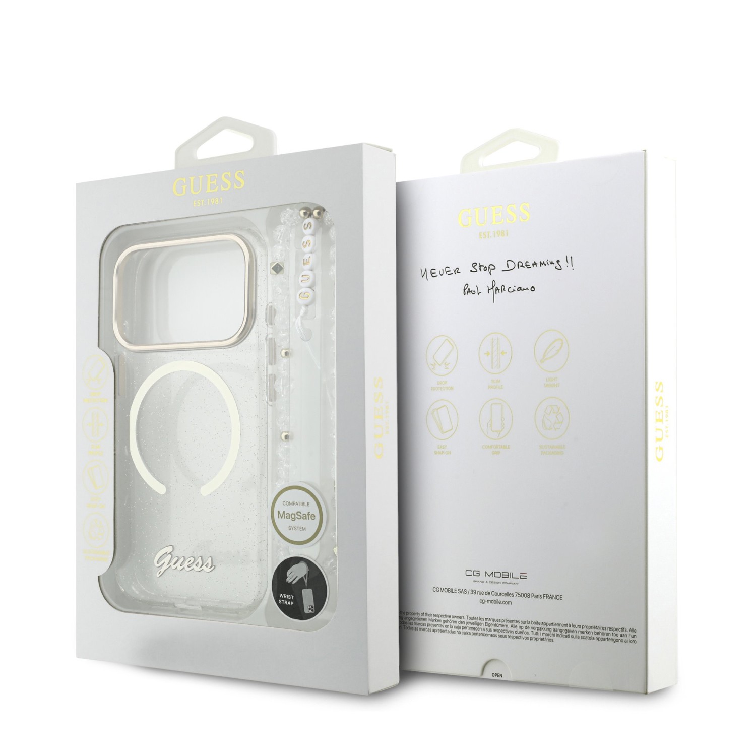 Guess IML Glitter Script Strap MagSafe Zadní Kryt pro iPhone 17 Pro Transparent