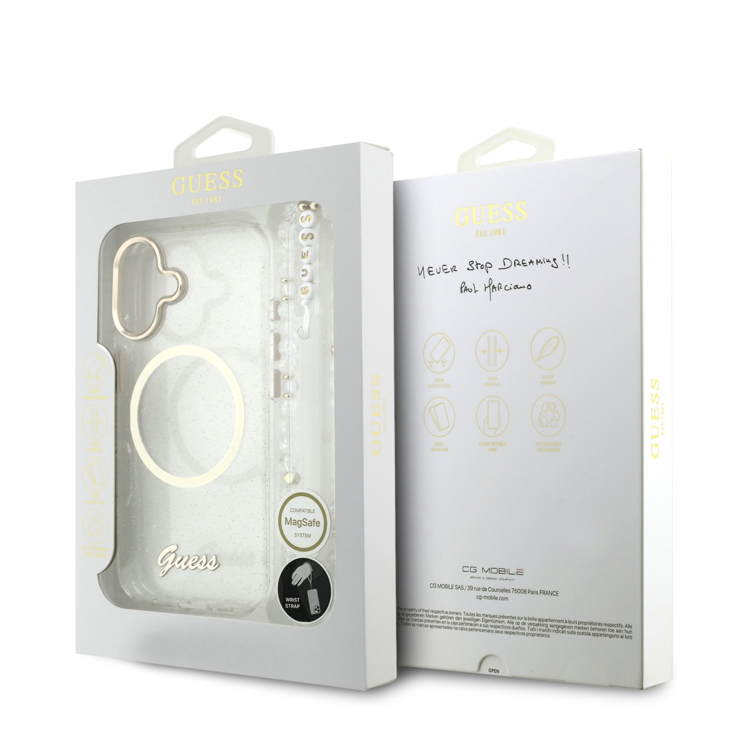 Guess IML Glitter Script Strap MagSafe Zadní Kryt pro iPhone 17 Transparent