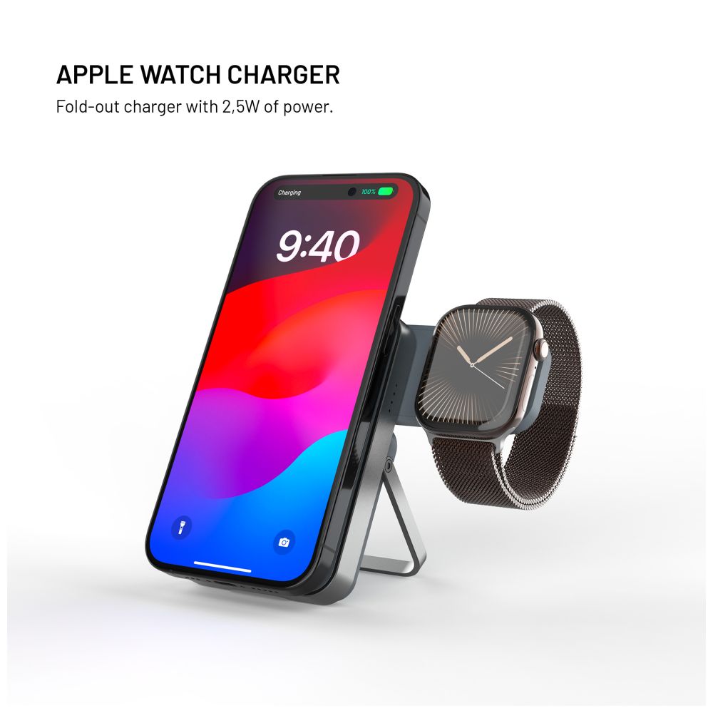 Powerbanka se stojánkem FIXED MagZen 5 Stand s integrovanou Apple Watch nabíječkou a podporou MagSafe, 5 000 mAh, šedá