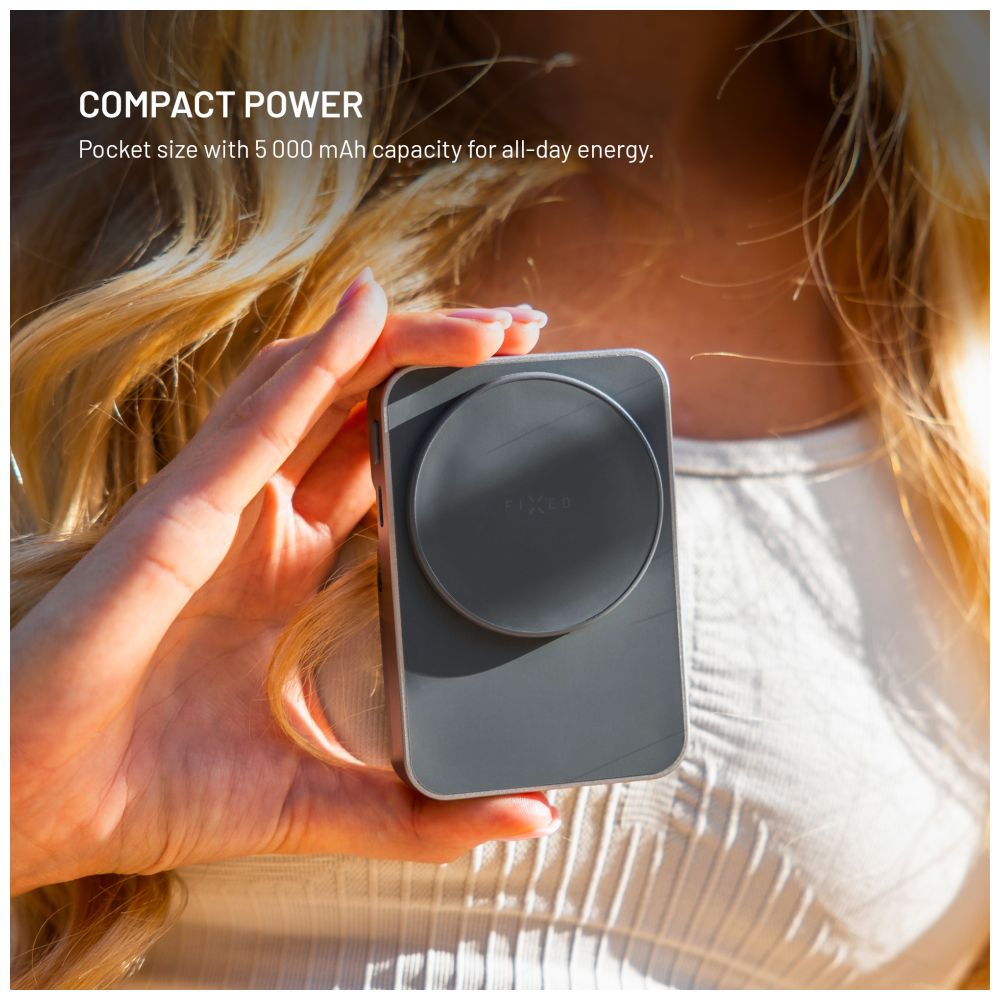 Powerbanka se stojánkem FIXED MagZen 5 Stand s integrovanou Apple Watch nabíječkou a podporou MagSafe, 5 000 mAh, šedá