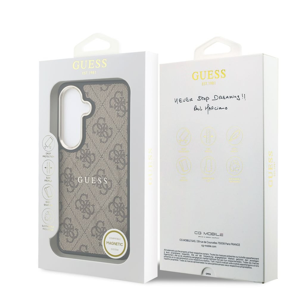 Guess PU Leather 4G Gold Frame Magnetic Zadní Kryt pro Samsung Galaxy S26 Brown