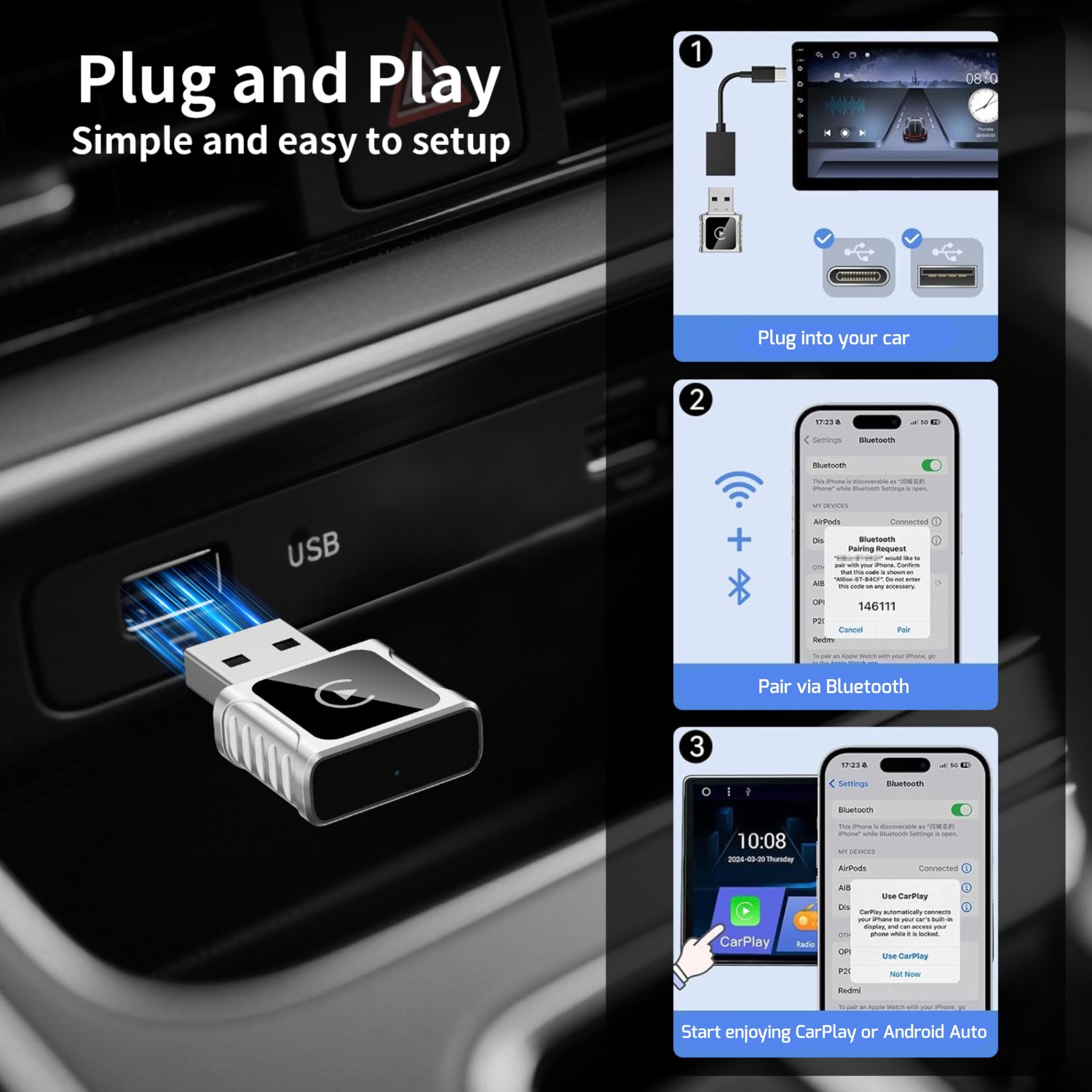 Bezdrátový Swissten Carlink Adapter - Apple Carplay / Android Auto