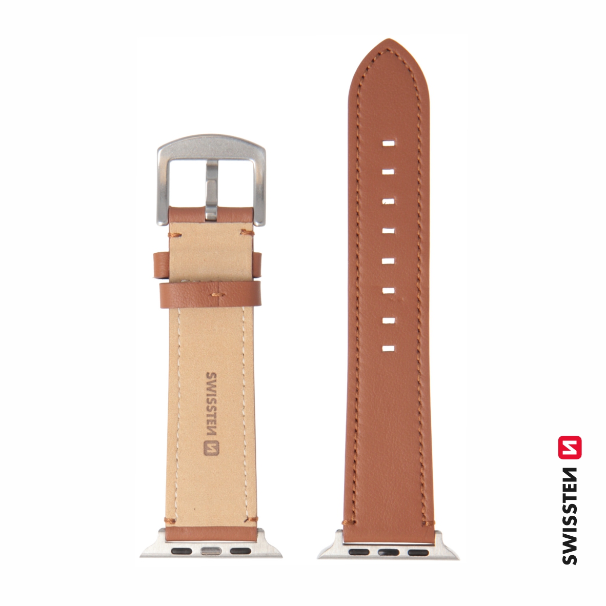 Swissten řemínek pro Apple Watch kožený 42 / 44 / 45 / 49 mm, hnědá (stříbrná spona a stříbrné poutko)