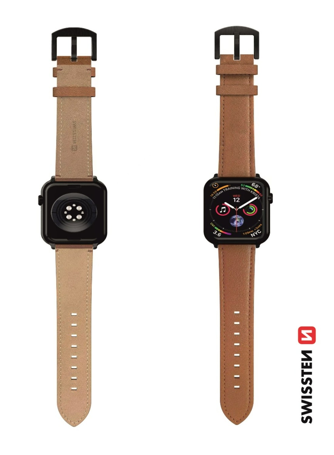 Swissten řemínek pro Apple Watch kožený 42 / 44 / 45 / 49 mm, hnědá (černá spona a černé poutko)