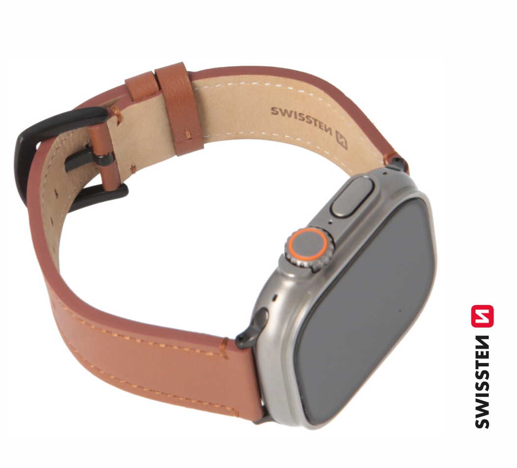 Swissten řemínek pro Apple Watch kožený 42 / 44 / 45 / 49 mm, hnědá (černá spona a černé poutko)