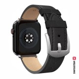 Swissten řemínek pro Apple Watch kožený 42 / 44 / 45 / 49 mm, černá (stříbrná spona a stříbrné poutko)