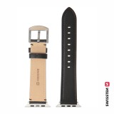 Swissten řemínek pro Apple Watch kožený 42 / 44 / 45 / 49 mm, černá (stříbrná spona a stříbrné poutko)