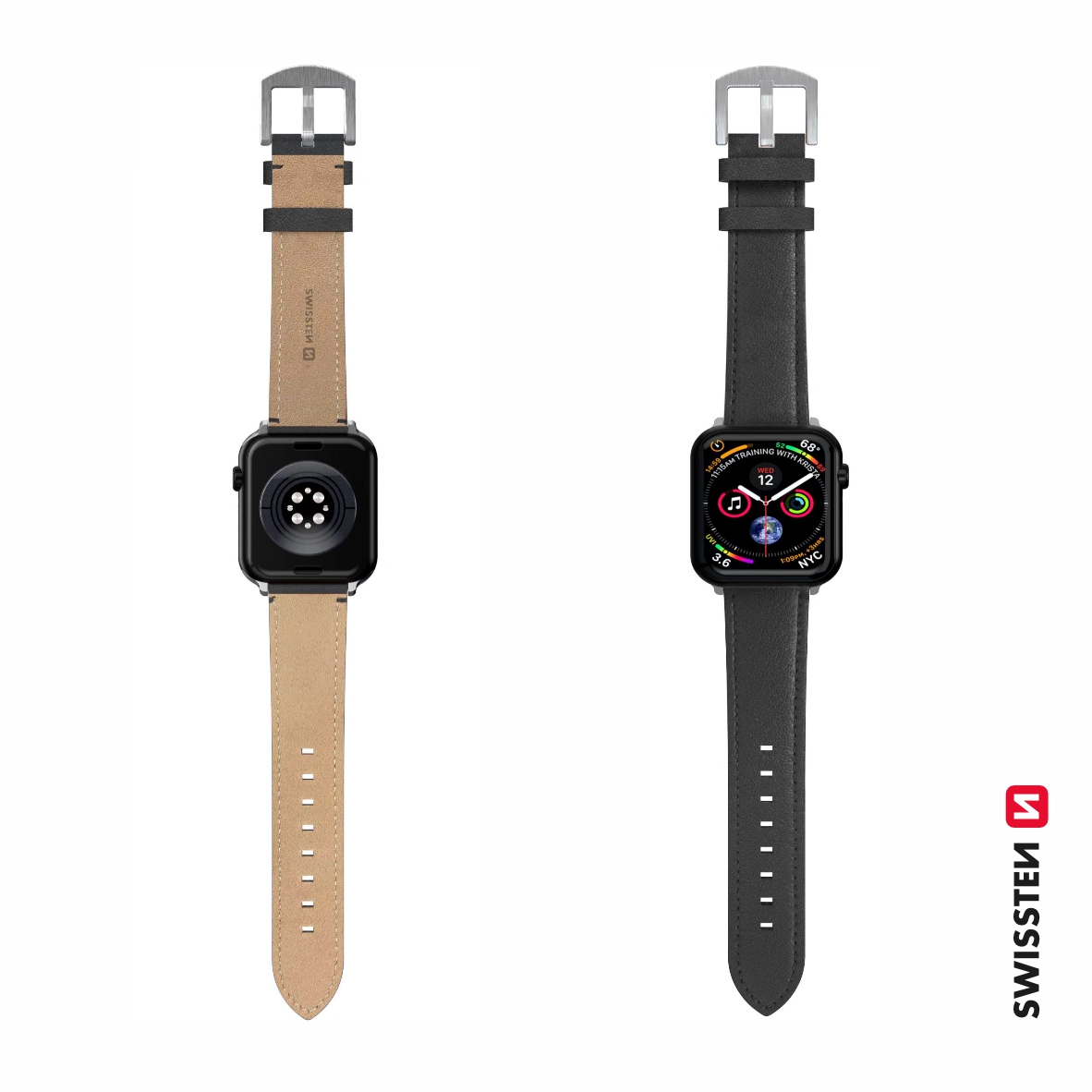 Swissten řemínek pro Apple Watch kožený 42 / 44 / 45 / 49 mm, černá (stříbrná spona a stříbrné poutko)