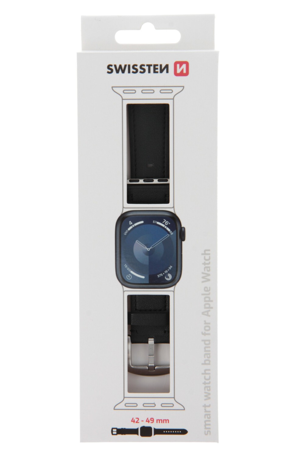Swissten řemínek pro Apple Watch kožený 42 / 44 / 45 / 49 mm, černá (stříbrná spona a stříbrné poutko)