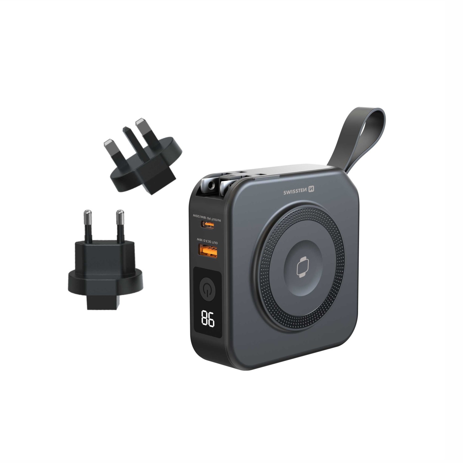 SWISSTEN  POWER BANK ALL-IN-ONE PRO S VÝMĚNNÝMI VIDLICEMI (USA, EU, UK) 10000 mAh 20W ČERNÁ