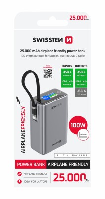 SWISSTEN POWER BANK CESTOVNÉ 25000 mAh (96.25Wh) 100W S INTEGROVANÝM KÁBLOM USB-C ŠEDÁ