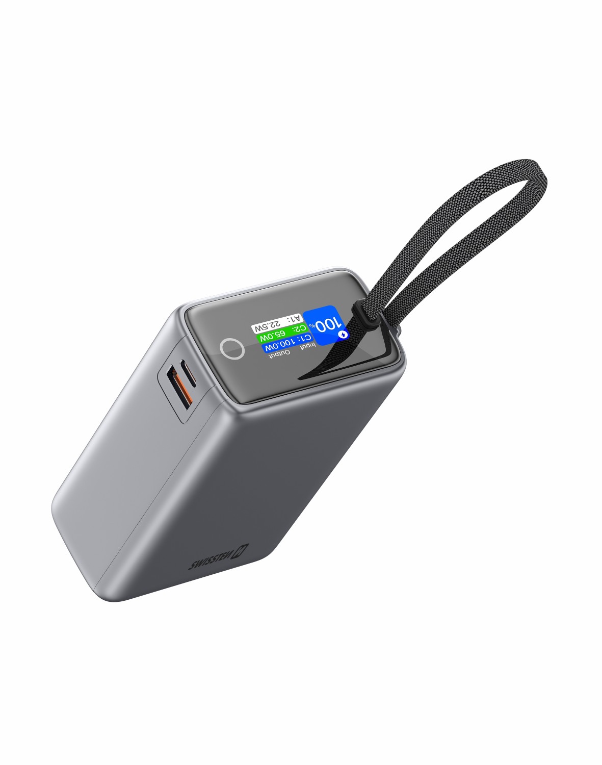 SWISSTEN POWER BANK CESTOVNÍ 25000 mAh (96.25Wh) 100W S INTEGROVANÝM KABELEM USB-C ŠEDÁ