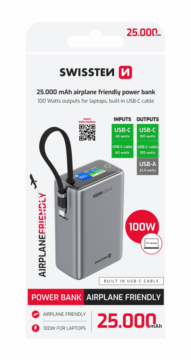 SWISSTEN POWER BANK CESTOVNÍ 25000 mAh (96.25Wh) 100W S INTEGROVANÝM KABELEM USB-C ŠEDÁ