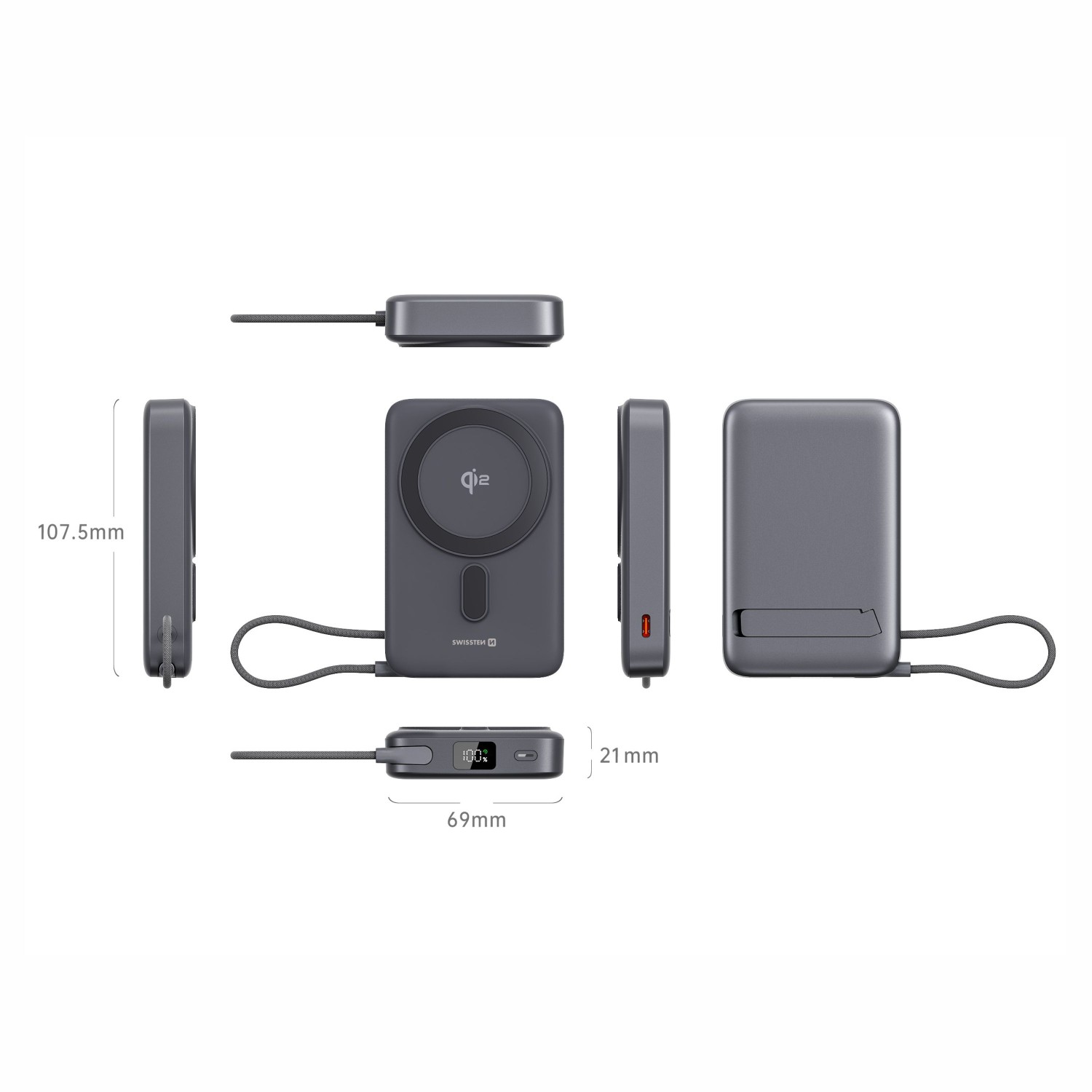 SWISSTEN POWER BANK MagSafe Qi2 10000 mAh 15W S INTEGROVANÝM KABELEM USB-C ČERNÁ