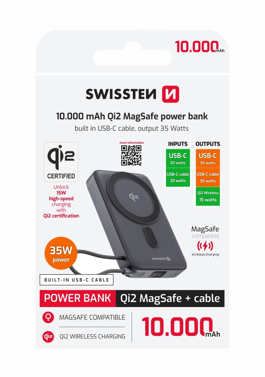 SWISSTEN POWER BANK MagSafe Qi2 10000 mAh 15W S INTEGROVANÝM KABELEM USB-C ČERNÁ