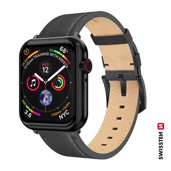 Swissten řemínek pro Apple Watch kožený 42 / 44 / 45 / 49 mm, černá (černá spona a černé poutko)