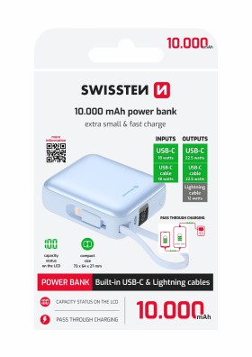 SWISSTEN POWER BANK SPACE 10000 mAh S INTEGROVANÝMI KÁBLAMI USB-C A LIGHTNING MODRÁ