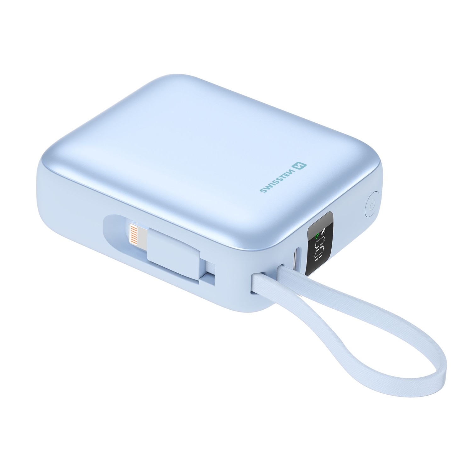 SWISSTEN POWER BANK SPACE 10000 mAh S INTEGROVANÝMI KABELY USB-C A LIGHTNING MODRÁ