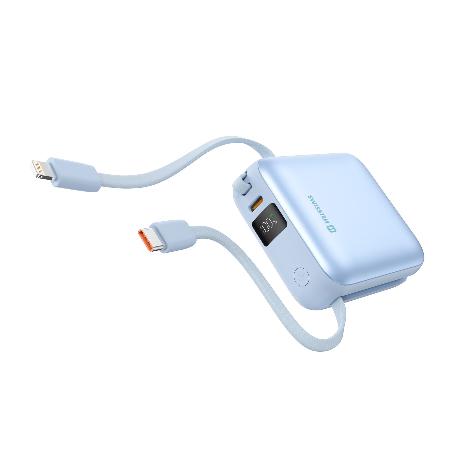 SWISSTEN POWER BANK SPACE 10000 mAh S INTEGROVANÝMI KABELY USB-C A LIGHTNING MODRÁ