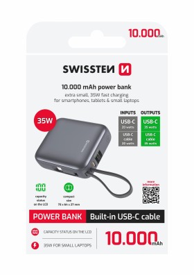 SWISSTEN POWER BANK SPACE 10000 mAh, 35W S INTEGROVANÝM KÁBLOM USB-C STRIEBORNÁ