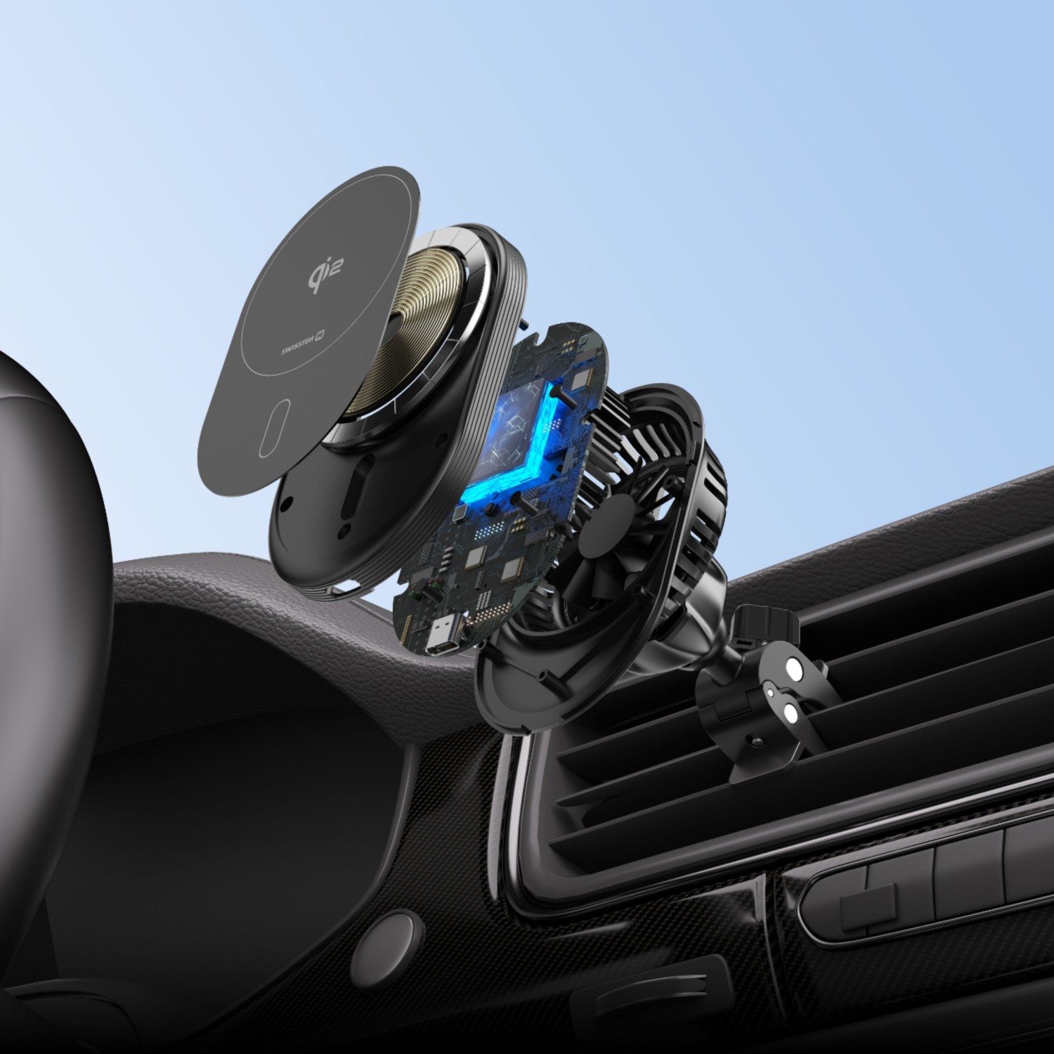 Magnetický držák do ventilace Swissten MagRide s bezdrátovým Qi2 15W nabíjením (kompatibilní s MagSafe)