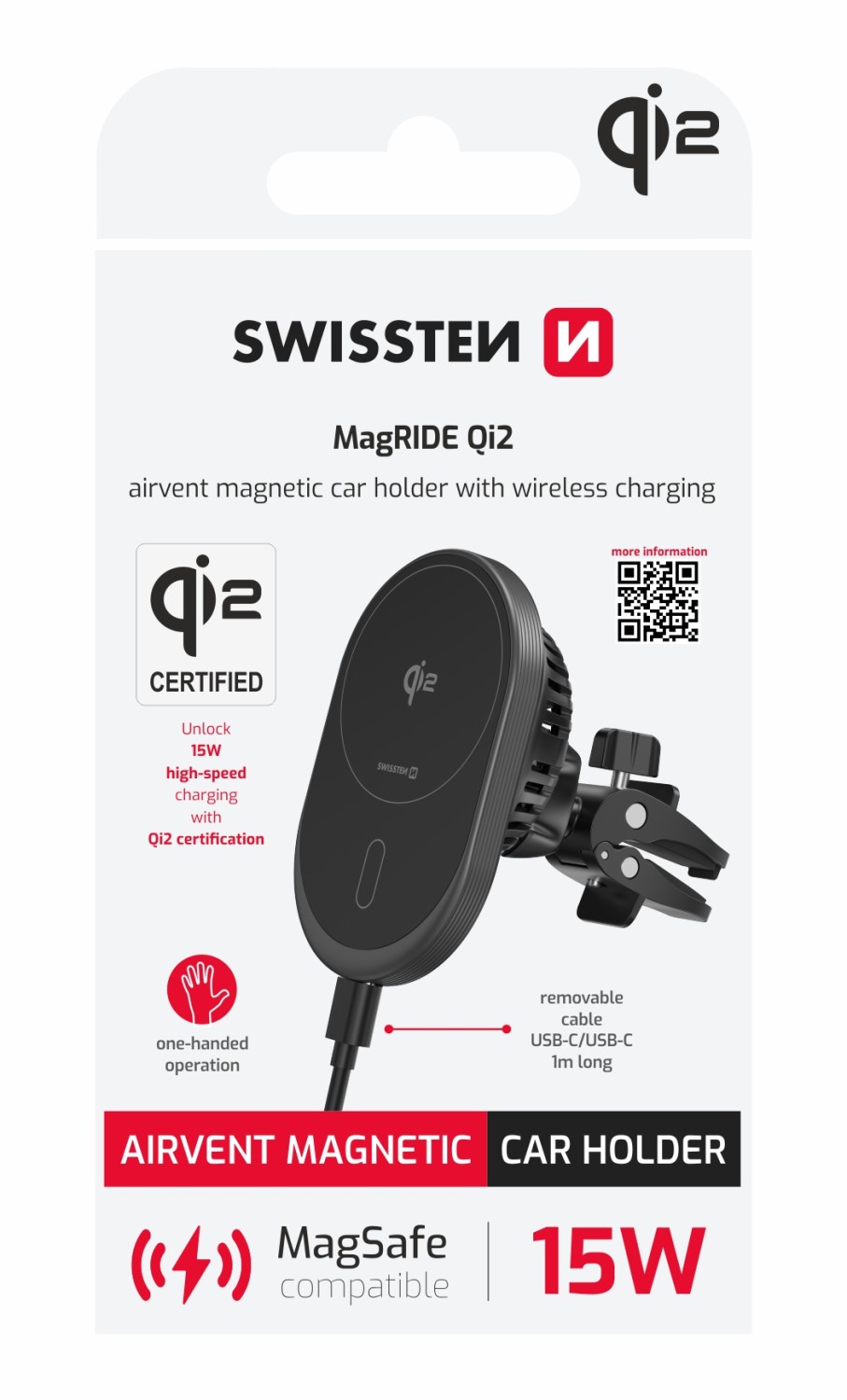 Magnetický držák do ventilace Swissten MagRide s bezdrátovým Qi2 15W nabíjením (kompatibilní s MagSafe)
