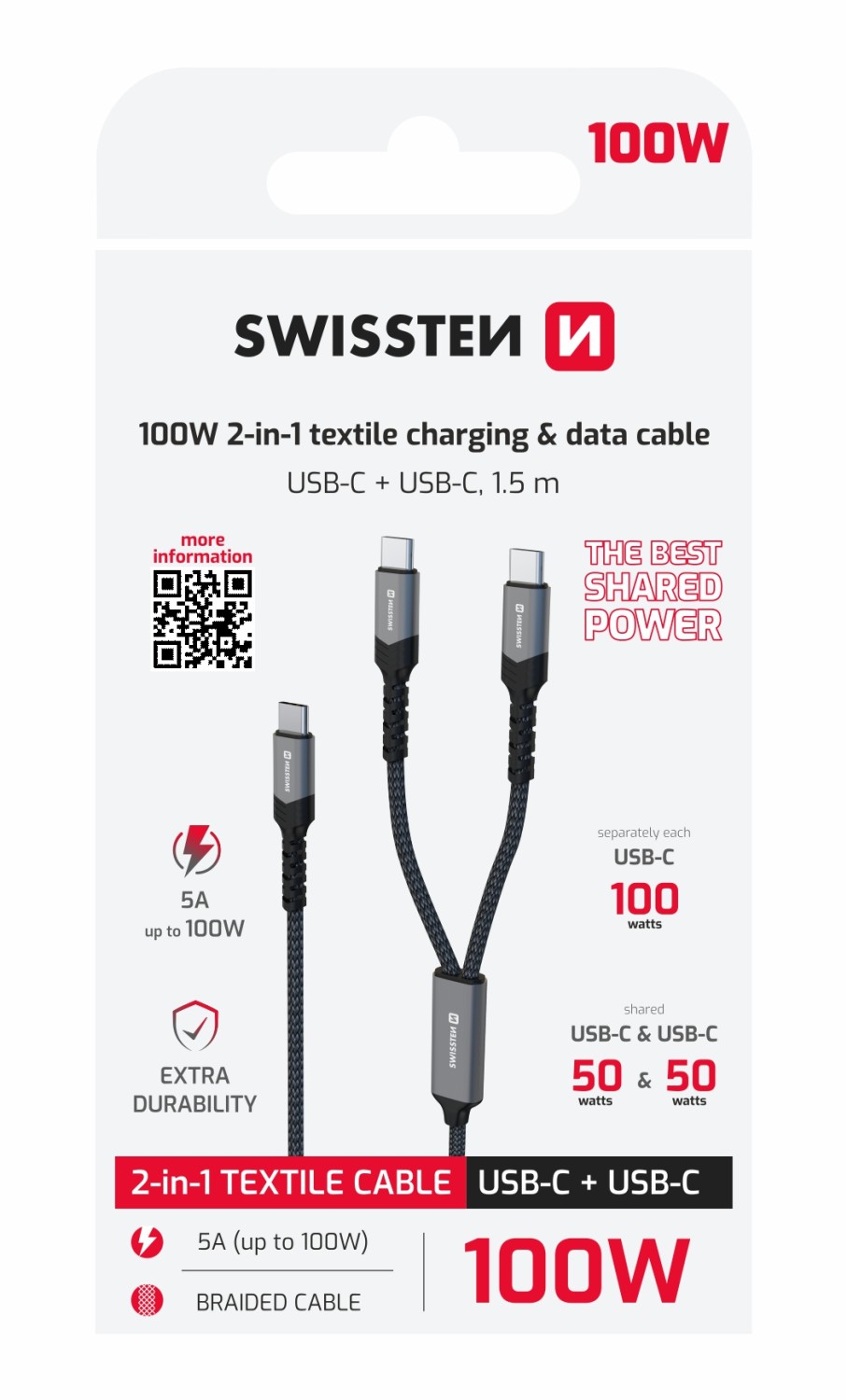Nabíjecí kabel Swissten 2v1 100w USB-C / 2x USB-C 1,5m černá