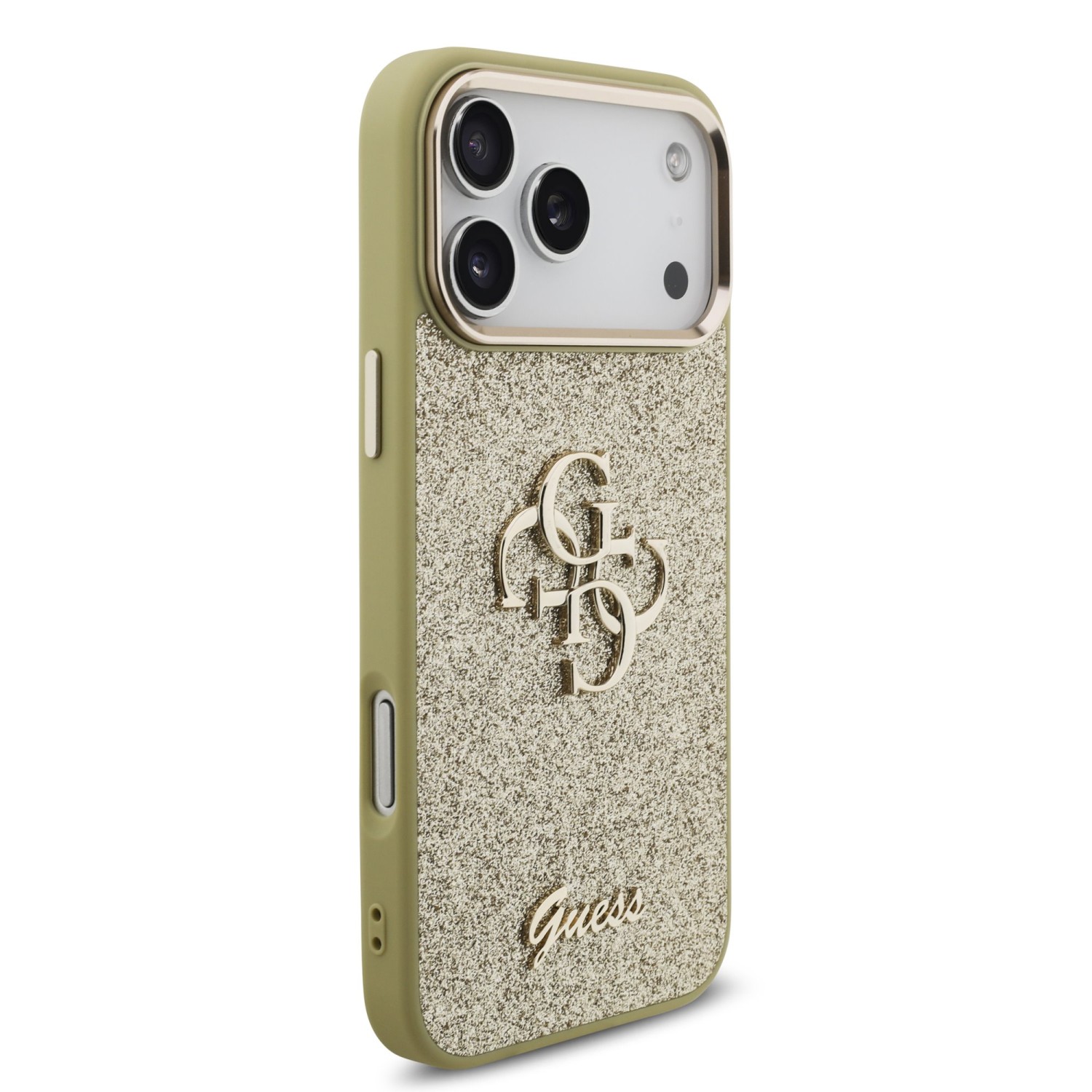 Guess PU Fixed Glitter 4G Metal Frame Zadní Kryt pro iPhone 17 Pro Max Gold