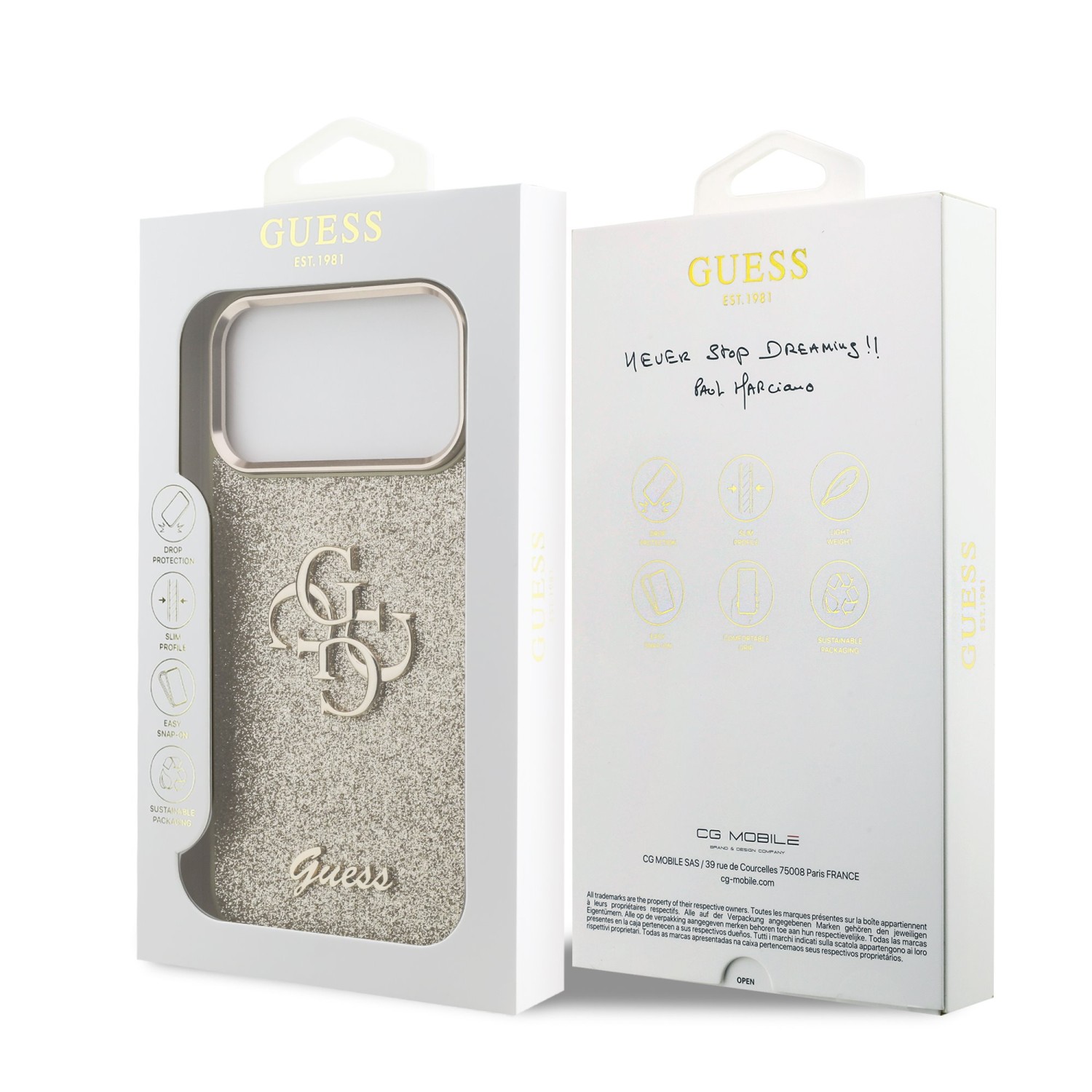 Guess PU Fixed Glitter 4G Metal Frame Zadní Kryt pro iPhone 17 Pro Max Gold