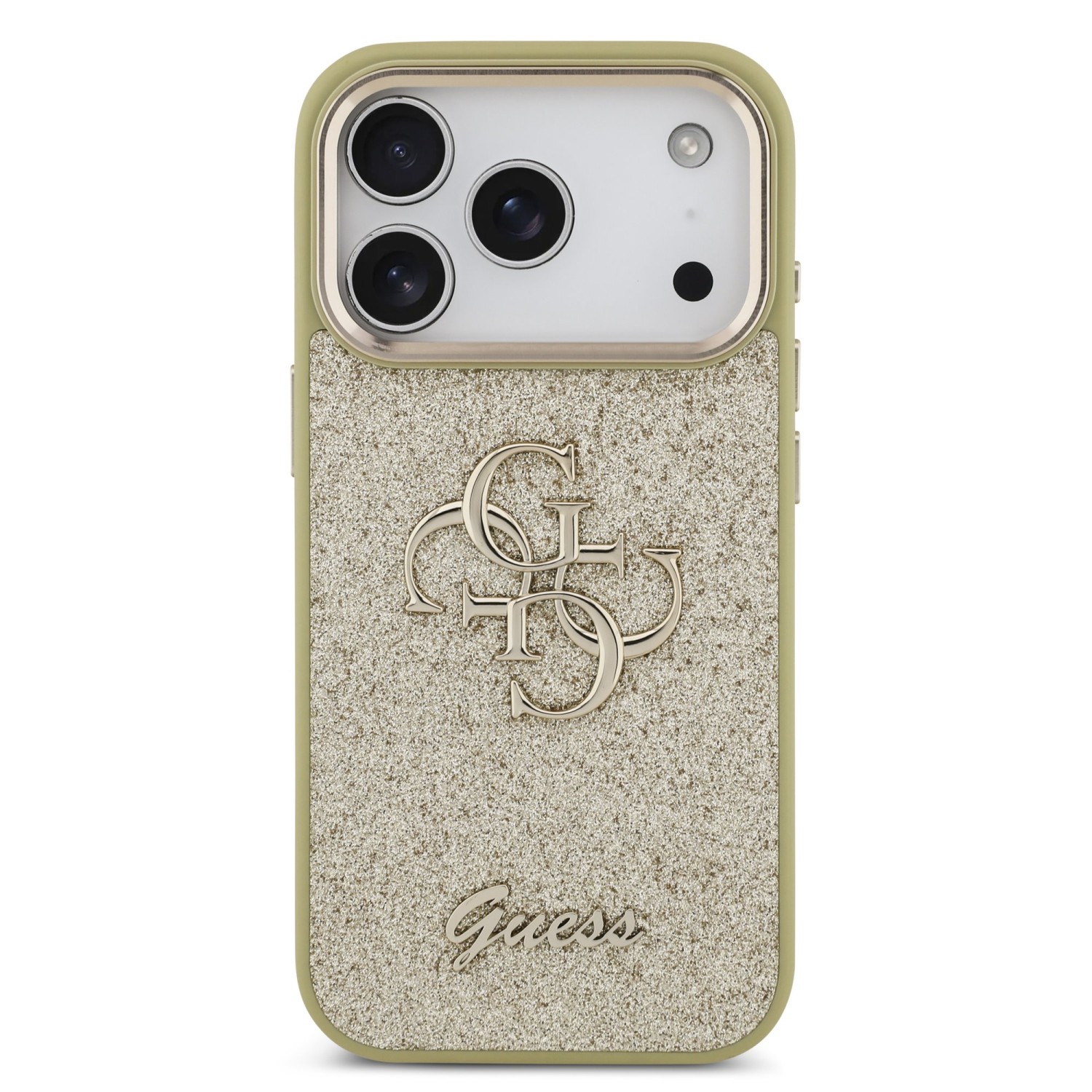 Guess PU Fixed Glitter 4G Metal Frame Zadní Kryt pro iPhone 17 Pro Gold