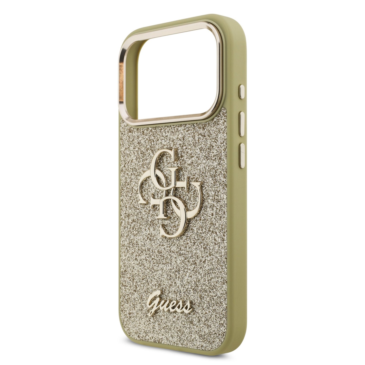 Guess PU Fixed Glitter 4G Metal Frame Zadní Kryt pro iPhone 17 Pro Gold