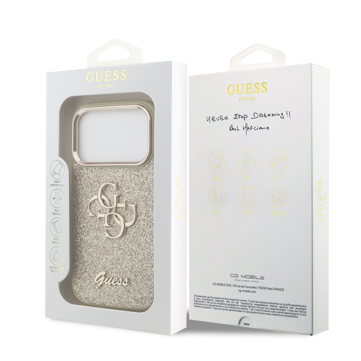 Guess PU Fixed Glitter 4G Metal Frame Zadní Kryt pro iPhone 17 Pro Gold