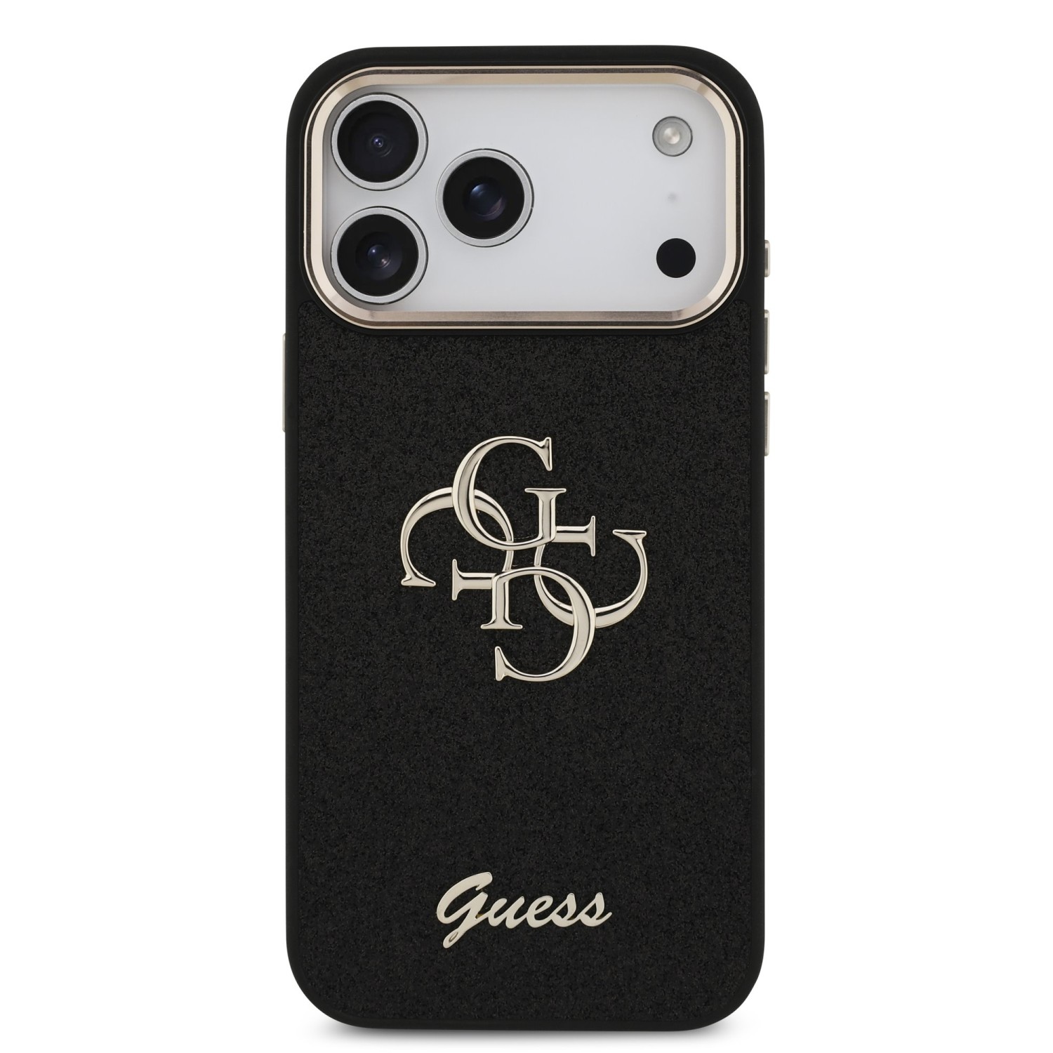 Guess PU Fixed Glitter 4G Metal Frame Zadní Kryt pro iPhone 17 Pro Max Black