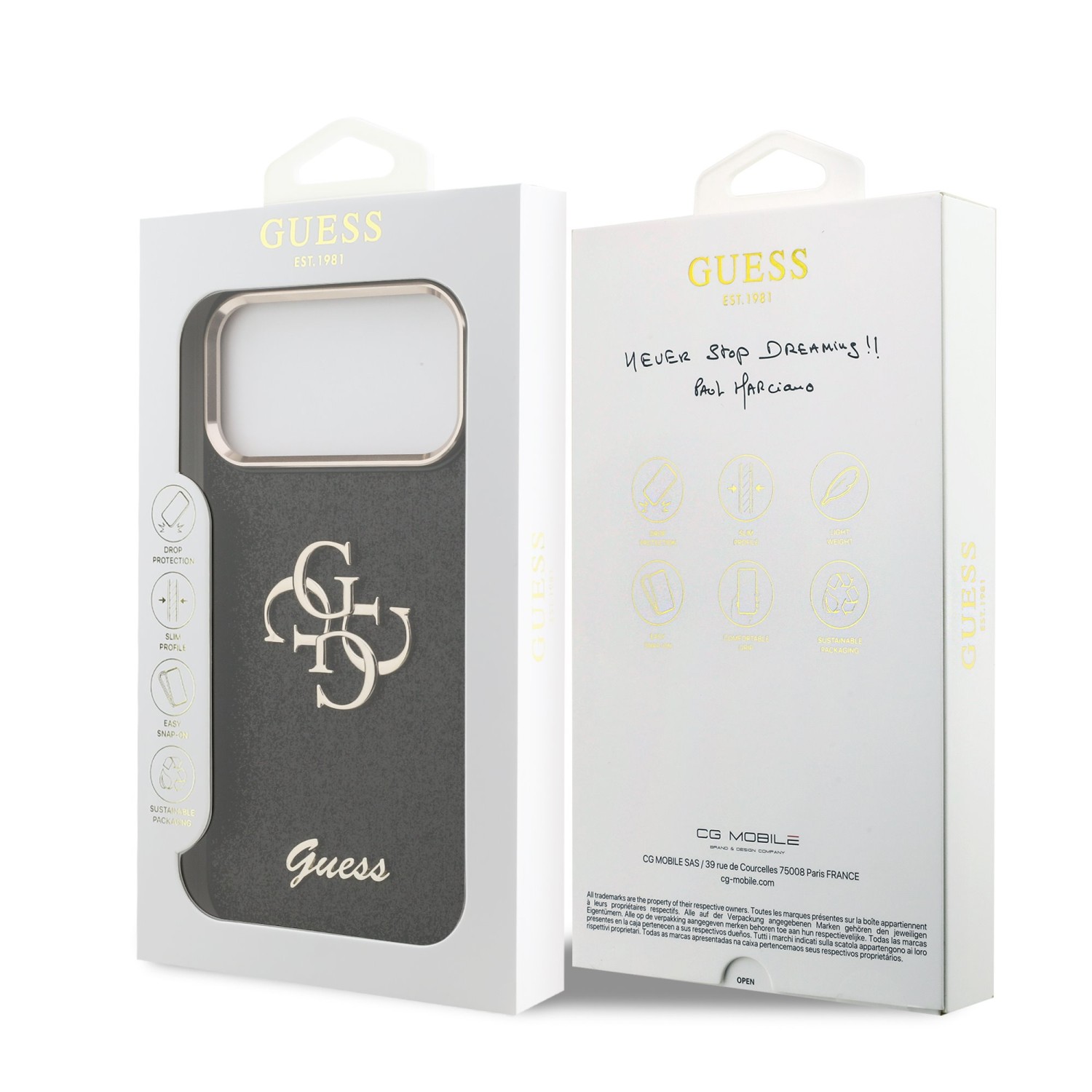 Guess PU Fixed Glitter 4G Metal Frame Zadní Kryt pro iPhone 17 Pro Max Black