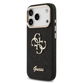 Guess PU Fixed Glitter 4G Metal Frame Zadní Kryt pro iPhone 17 Pro Black