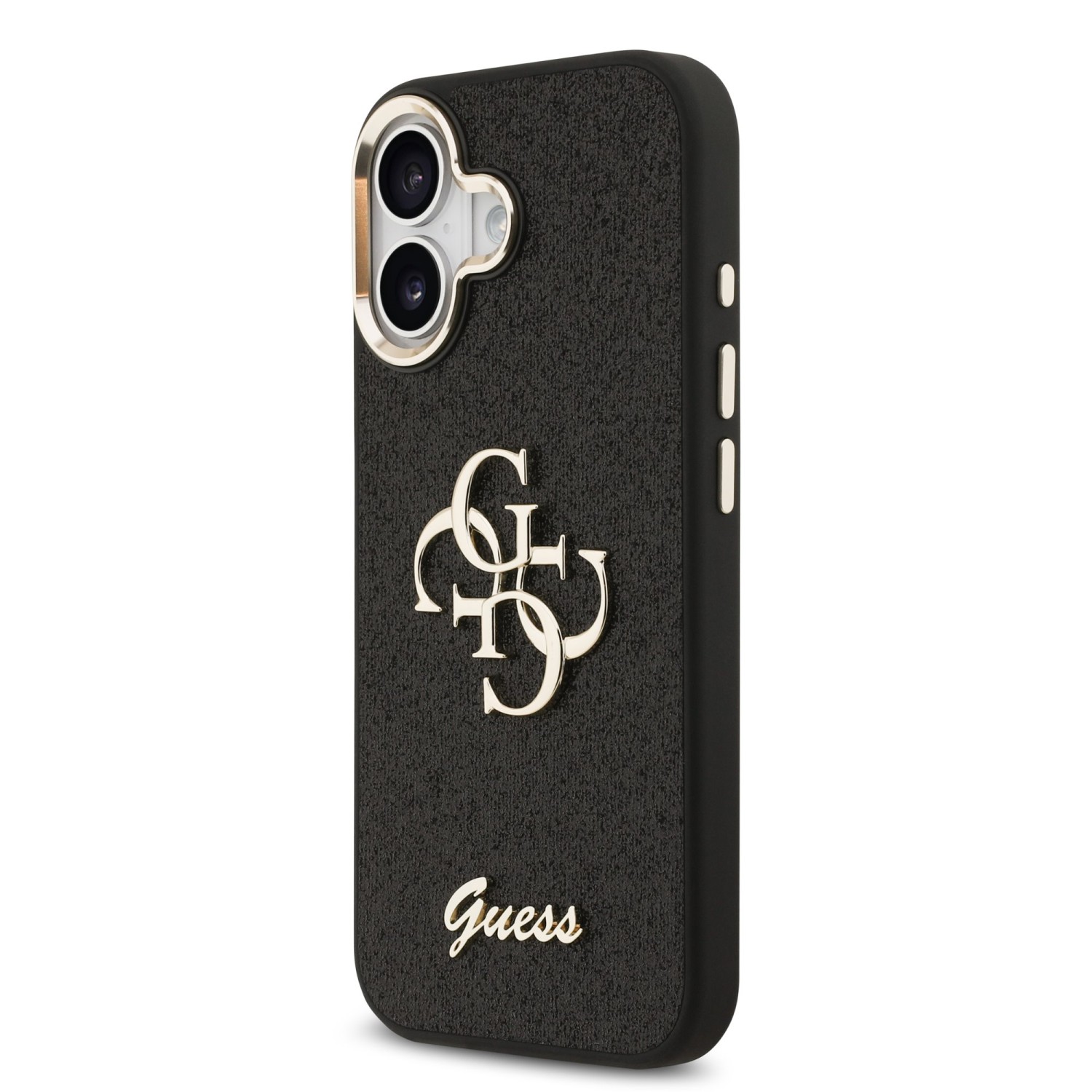 Guess PU Fixed Glitter 4G Metal Frame Zadní Kryt pro iPhone 17 Black