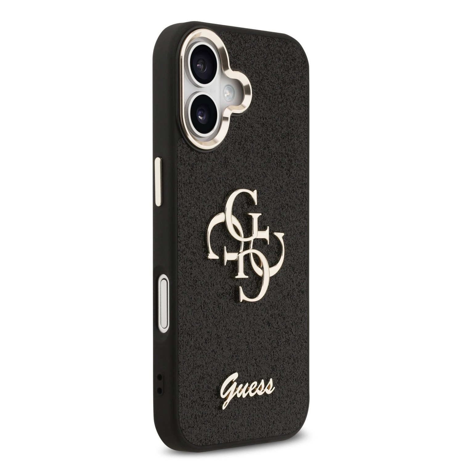 Guess PU Fixed Glitter 4G Metal Frame Zadní Kryt pro iPhone 17 Black