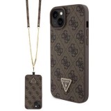 Zadní kryt Guess PU 4G Strass Triangle Metal Logo + Crossbody popruh pro Apple iPhone 15 Plus, hnědá