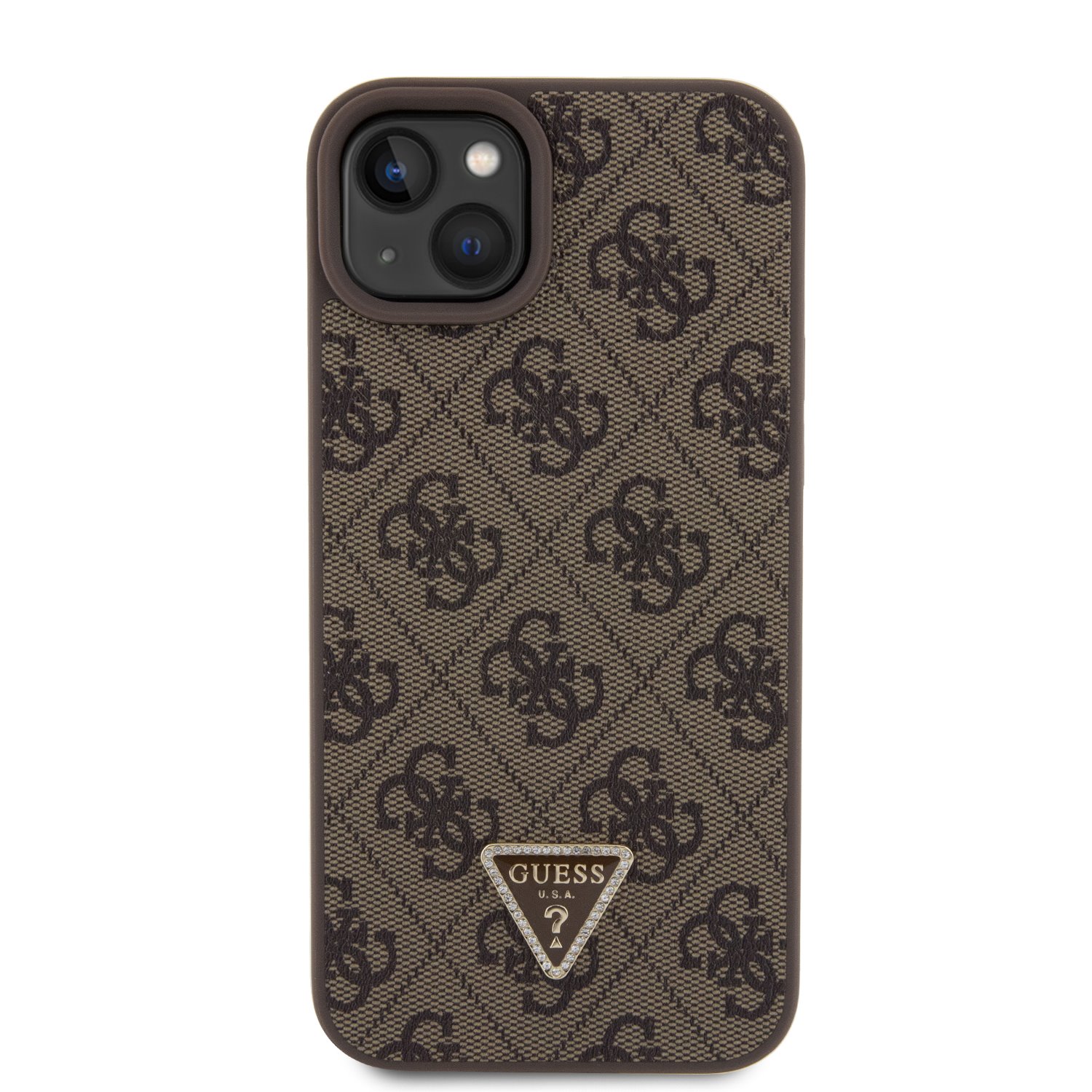 Guess PU 4G Strass Triangle Metal Logo Zadní Kryt + Crossbody Popruh pro iPhone 15 Plus Brown